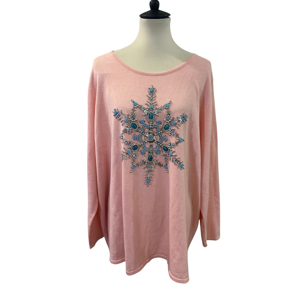 Quacker Factory Turquoise Beaded Wearable Art Embellished Top Pink Coral Sz 3X